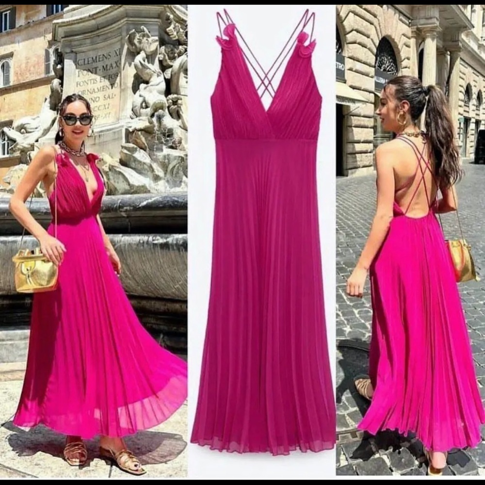 ZARA WOMAN NWT SS22 FUCHSIA PLEATED SLIP DRESS